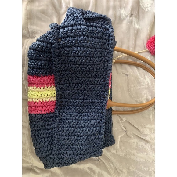 Talbots Large 14” Natural Woven Straw Tote Beach Bag Navy Magenta Yellow - Picture 3 of 8